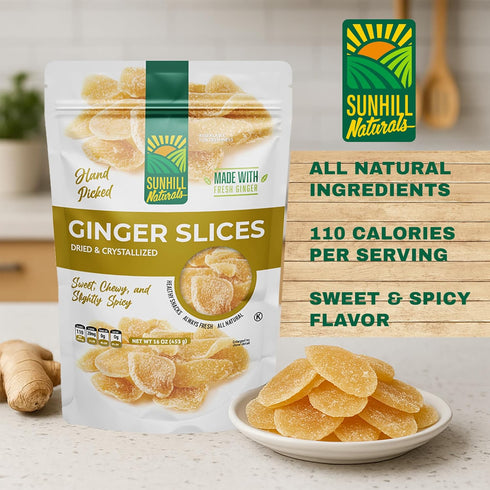 Sunhill Naturals Crystalized Ginger Slices, Dried Slices with Natural Sweetness, Premium Ginger Pieces, Sweet & Spicy