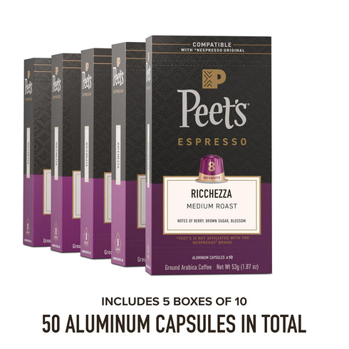100% 8, 50 Count (5 10 Peet's Coffee, Medium Roast Espresso Capsules, Compatible with Nespresso Original Machine