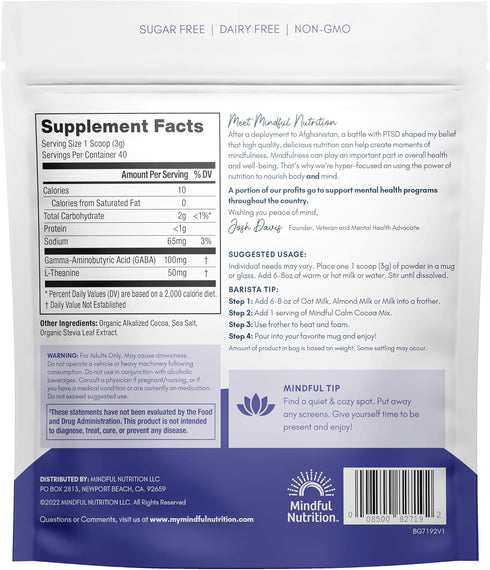 40 Mindful Nutrition Mindful Calm Sugar Free Hot Chocolate Mix - Servings - Anti-Stress Drink Mix Powder Sleepy Cocoa