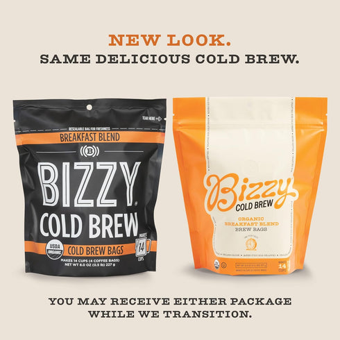 Bizzy Organic Cold Brew Coffee, Breakfast Blend, Coarse Ground Coffee, 4 Count, Makes 14 Cups
