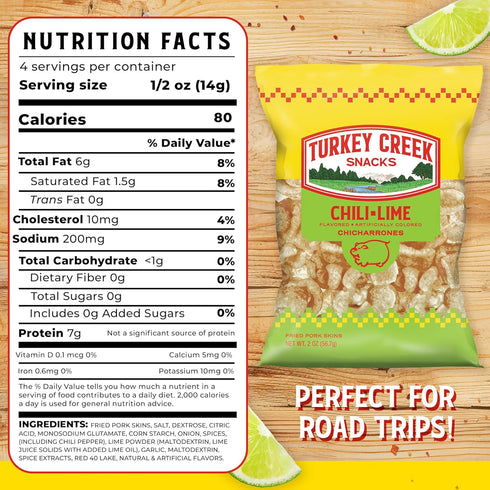 2oz (Pack 12) Turkey Creek Chili Lime Chicharrones, Fried Pork Rinds - Chili Lime Flavored Pork Skins - Low Carb