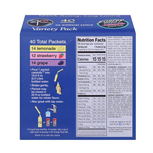 4C Pack 40 (14 12 Strawberry/14 Energy Rush PSD with Electrolytes Variety Stix, ct Lemonade, Grape)
