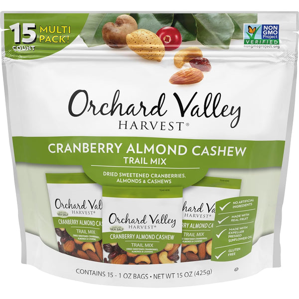 Orchard Valley Harvest Cranberry Almond Cashew Trail Mix, 1 Ounce Bags (Pack of 15), Non-GMO, No Artificial