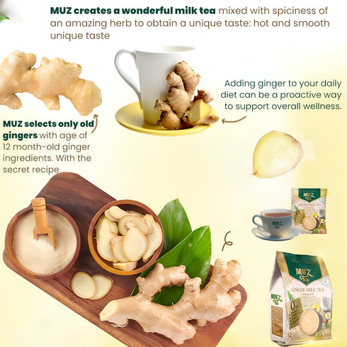 MuzTea 3 1, Powder12 Ginger Tea Instant Powder Mix in Gingers, Coconut Flower Sugar, Creamer From Selected Low Fat Milk