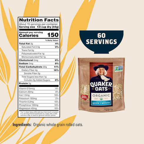 24 Oz(Pack 4) Quaker Organic Quick Cook Oatmeal, Breakfast Cereal, Non-GMO Project Verified