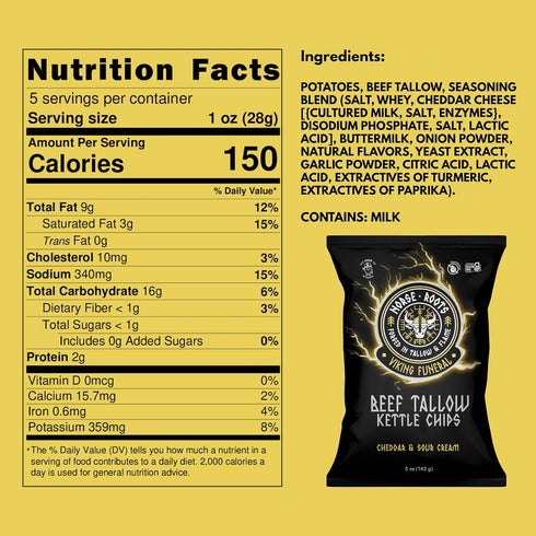 6 Pack, 5 oz Norse Roots Beef Tallow Potato Chips Viking Funeral (Cheddar & Sour Cream) Seed Oil Free Kettle Chips