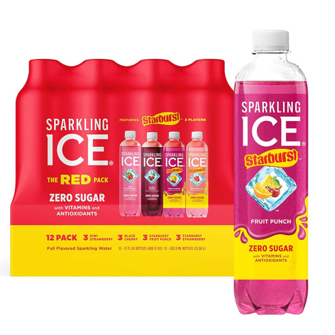 Sparkling Ice STARBURST Red Variety Pack, Zero Sugar Flavored Sparkling Water, Vitamins