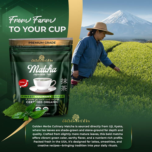 GOLDEN HERBS (30 Culinary Grade Matcha Organic Japanese Green Tea Powder for Lattes, Smoothies & Baking Vibrant Green