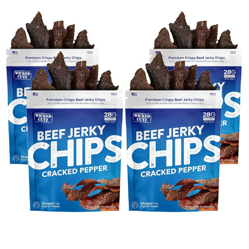 Wicked Cutz Cracked Pepper Beef Jerky Chips, 28g Protein per Bag, Crispy