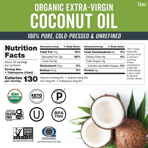 16 oz Viva Naturals Organic Coconut Oil, fl Unrefined, Cold-Pressed Extra Virgin Coconut Oil, USDA Organic & Non-GMO