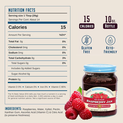 10oz Pack 6 Nature's Hollow Raspberry Jam: Sugar Free Jam and Preserves, Low Cal, Non GMO, Keto Jam, Vegan, Gluten