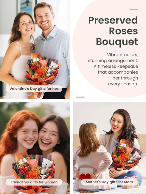Polylove Mother Day Gift Forever Flowers Bouquet Preserved Roses with Bear Gift Box for Wife Anniversary Birthday