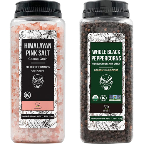 Soeos Himalayan Pink Salt Coarse 39 oz + Organic Black Peppercorns 18