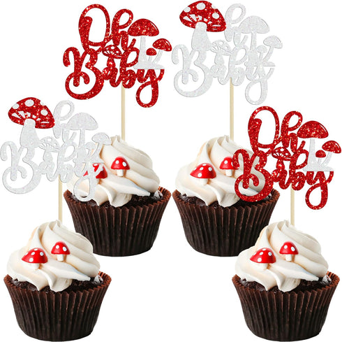 Ephlyn 24Pcs Mushroom Oh Baby Cupcake Toppers Glitter Mushroom Baby Shower Cake Topper