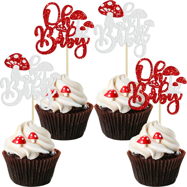 Ephlyn 24Pcs Mushroom Oh Baby Cupcake Toppers Glitter Mushroom Baby Shower Cake Topper