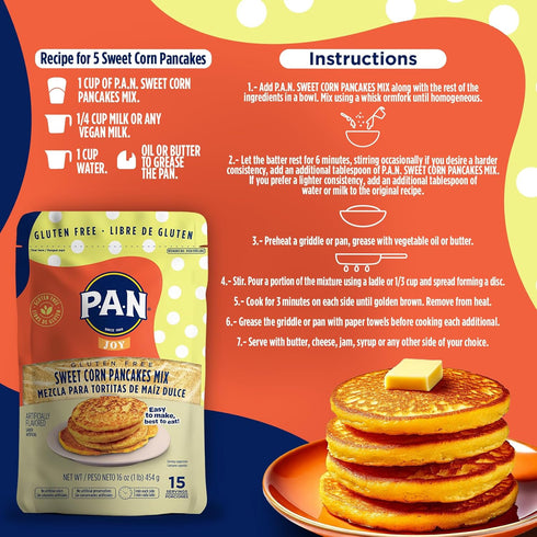 1 lb (Pack 1) P.A.N Sweet Corn Pancakes Mix Gluten Free Easy to Prepare