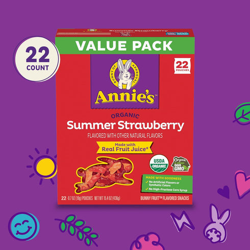 Summer Pack, 22 15.4 oz Annie's Organic Bunny Fruit Flavored Snacks, Strawberry, Gluten Free, Value Pouches