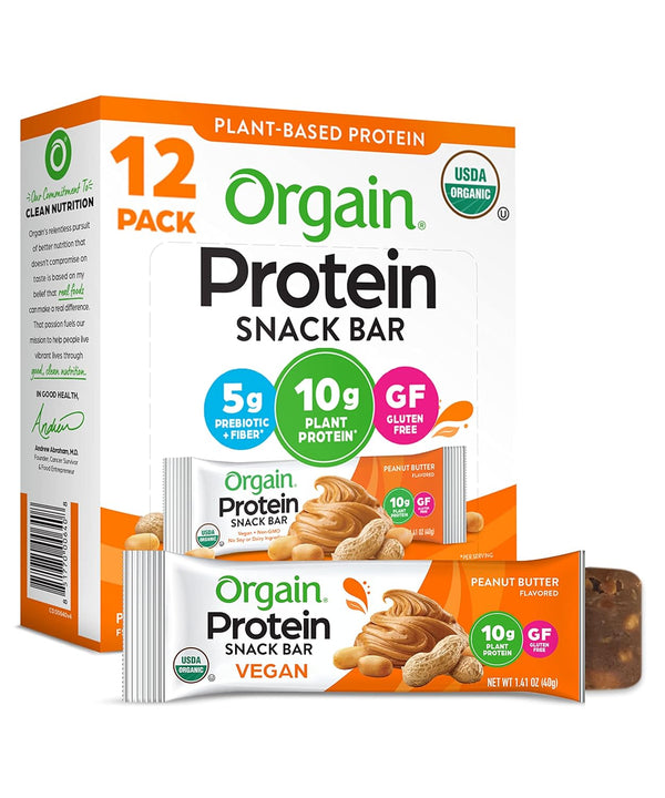 Orgain Organic Vegan Protein Bars - Peanut Butter, 10g Plant Based Protein, Low Calorie Healthy Snacks, Gluten Free,