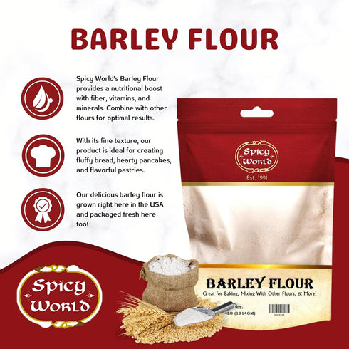 Spicy World 4 lb (64oz) Barley Flour - Bag | All-Natural, Raw, USA Grown | Versatile Barley Grain for Baking, Cooking