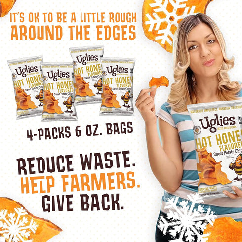 5.5 Oz. Pack 4 UGLIES Hot Honey Sweet Potato Kettle-Cooked Potato Chips, Gluten-Free Snacks, Kosher-Friendly, Non-GMO