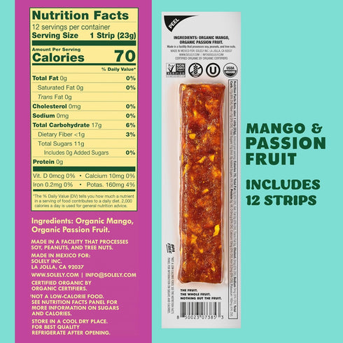 12 0.8oz (23g) SOLELY - Organic Mango Passion Fruit Jerky - Individually Wrapped Strips - Fruit Leather Made from Dried