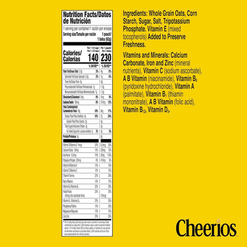 2.2 oz (Pack 5) Cheerios Whole Grain Oats Gluten-Free Breakfast Cereal, Pouch