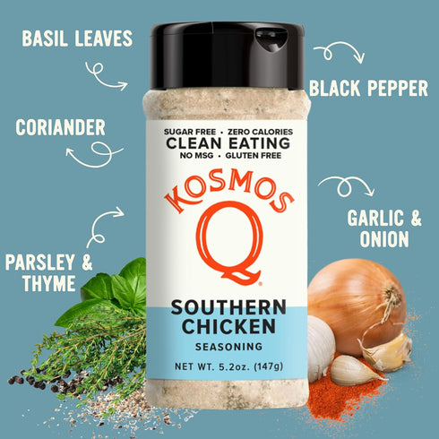 5.2 Oz Kosmos Q Southern Chicken Seasoning, All-Purpose Chicken Spice Blend with Garlic, Basil & Thyme, Sugar Free