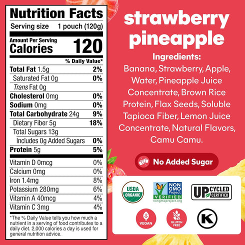 4.22 oz, 6 Count Noka Superfood Fruit Smoothie Pouches, Strawberry Pineapple, Healthy Snacks with Flax Seed, Prebiotic