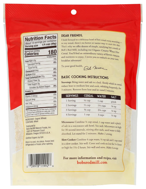 24oz (Pack 1) Bob's Red Mill Organic Creamy Wheat Hot Cereal, of - Organic, Non GMO, Gluten Free, Whole Grain, Vegan