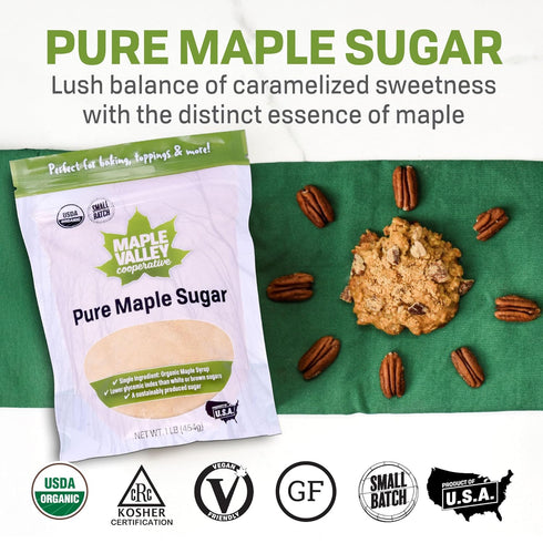 1 lb Maple Valley Organic Pure Maple Sugar Granulated, Natural Sugar Alternative, Good in Coffee, Baking, Cooking, Made