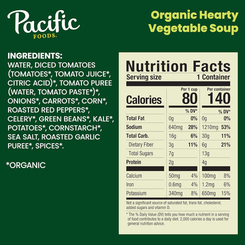 16.3 oz (Pack 12) Pacific Foods Organic Hearty Vegetable Soup, Plant Based, Can