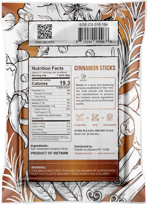 Soeos Cinnamon Sticks, Cinnamon, Cinnamon Sticks Whole, 100% Raw, Non-GMO, Kosher Certified, Cinnamon Seasoning Spice for Coffee, Baking, Cooking and Beverages 16 oz (454g)