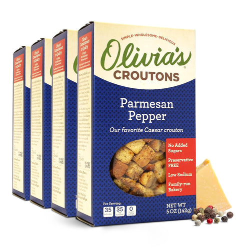 Olivia’s Croutons Parmesan Pepper Croutons, 4 Pack of 5 Oz Boxes, Gourmet Salad Toppers Made In USA