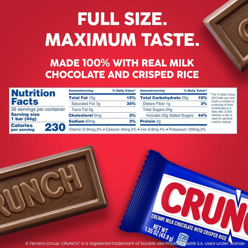 36 1.55 oz CRUNCH Full-Size Candy Bar, Creamy Milk Chocolate with Crunchy Crisped Rice, Individually Wrapped Bars, Each