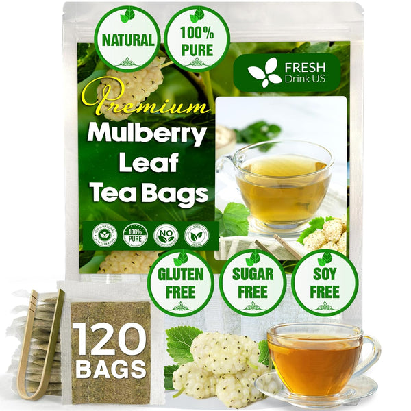 FreshDrinkUS, Premium 120 Mulberry Leaf Tea Bags, 100% Natural & Pure from Mulberry Leaves, No Sugar, No Caffeine, Vegan