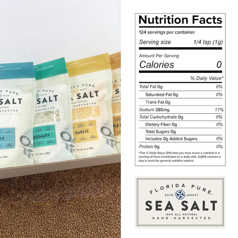 Set 4 Florida Pure Sea Salt Gift - Flavors Bundle with Garlic, Rosemary, Maple Bacon & Pure | Hand-Harvested