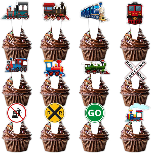 Uwaikin Dessert Cupcake Topper Cheer to Transportation Train Railroad Crossing Theme Decor Supplies