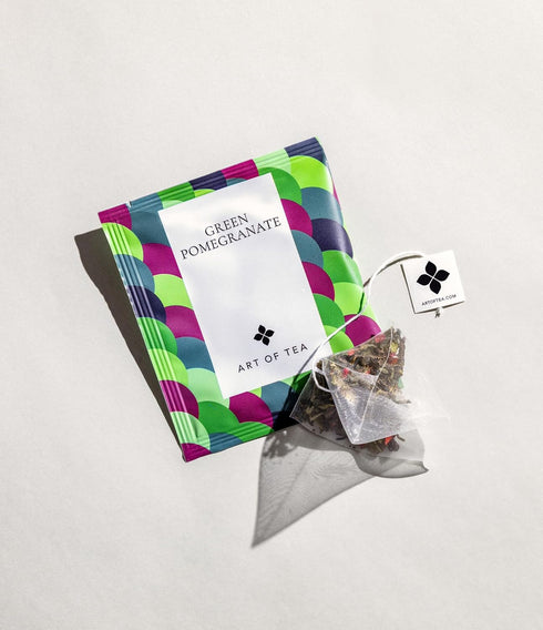 Art of Tea | Organic Green Pomegranate Tea | 50 Eco Friendly Pyramid Tea Bag Sachets