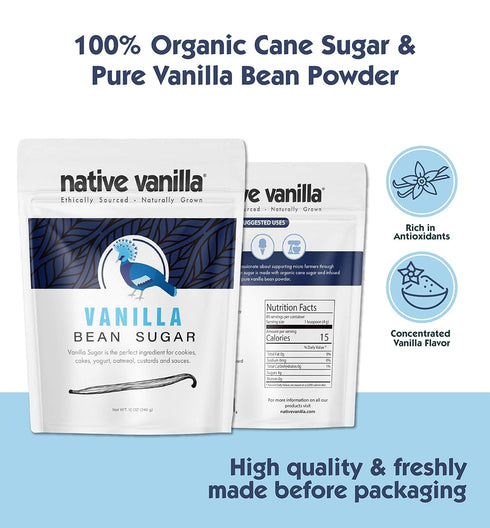 12 Oz Organic Vanilla Bean Sugar Native Vanilla Made from Premium Vanilla Bean Pods For Chefs and Home Cooking, Baking