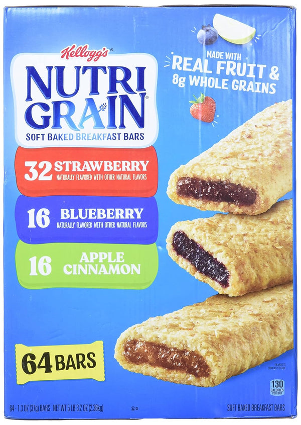 Kellogg's Cereal Bars Nutri-Grain Breakfast Bars, Variety, Strawberry,Blueberry, 1.3 Oz, 64 Count