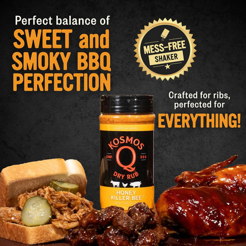 13.2 Oz Kosmos Q Honey Killer Bee BBQ Dry Rub, Sweet Seasoning with Brown Sugar, Honey, Garlic & Paprika for Chicken