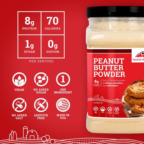 2LB (Pack 1) 100% 8g Hoosier Hill Farm Peanut Butter Powder, of No Additives, Peanut Powder, of Protein per serving