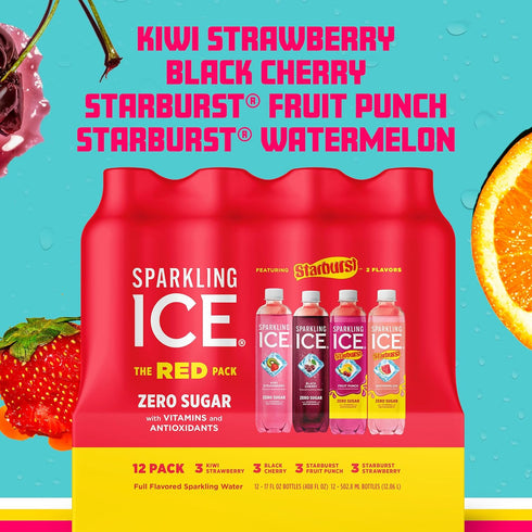 Pack, 17 oz, 12 count Sparkling Ice STARBURST Red Variety Zero Sugar Flavored Sparkling Water, Vitamins & Antioxidants