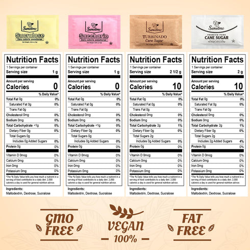 Sweetmo Packets Pack 300 Count Sugar Variety - Sucralose, Raw Sugar, Saccharin, Cane Sugar with Wooden Stirrers