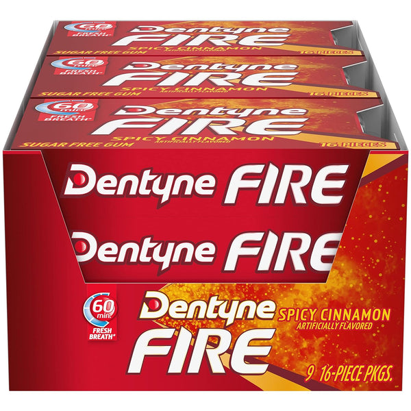 Dentyne Fire Spicy Cinnamon Chewing Gum - Sugar-Free, Pack of 9 (144 Total Pieces)