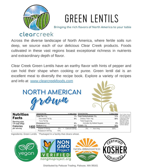 4 lb CLEAR CREEK Green Lentils | Project Non-GMO Verified | | Vegan | Non-Irradiated (Will Sprout) | Kosher | Vegan