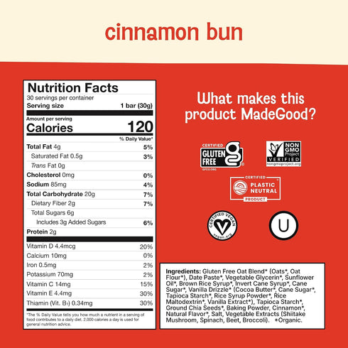1.06 Oz (30 Count) MadeGood Mornings Soft Baked Breakfast Bars, Cinnamon Bun Gluten Free Snacks