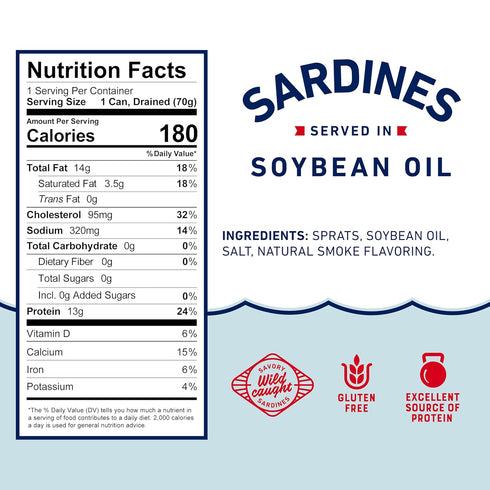 3.75 oz (Pack 12) 13g Beach Cliff Wild Caught Sardines in Soybean Oil, Can of - Protein per Serving - Gluten Free, Keto