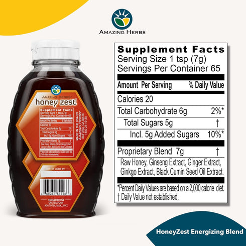 Immune 16 Oz Amazing Herbs Raw Natural Honey - Herbal Honey Infused with Ginseng, Ginger, Ginkgo Extracts & Pure Black