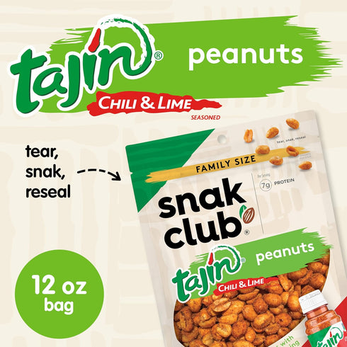 12 oz Snak Club Tajin Peanuts, Roasted Nuts with Chili and Lime Seasoning, Mild, Resealable Bag